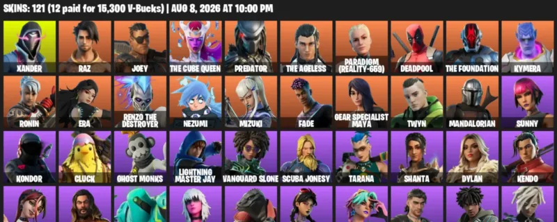 Fortnite account inventory for LVL 1759 - Xander - Raz - 121 Outfits