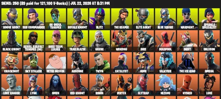 Fortnite Accounts listing: LVL 2475 - Rogue Agent - Sub Commander - 250 Outfits - 250 outfits