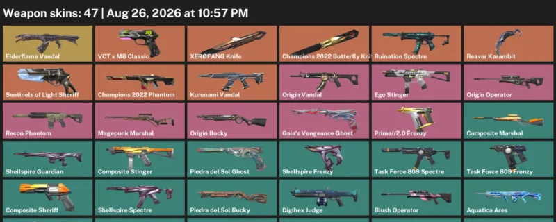 Valorant account inventory for LVL 46 · 47 Skins Champions 2022 Butterfly Knife & Reaver Karambit
