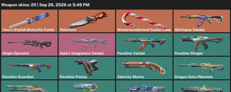 Valorant account inventory for LVL 82 · Glitchpop Vandal & Dragon Gate Phantom