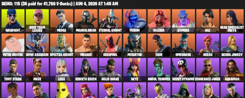 Fortnite account inventory for LVL 1349 - Warpaint - Rose Team Leader - 115 Outfits