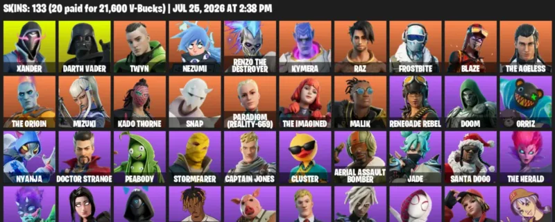 Fortnite Accounts listing: LVL 1660 - Xander - Darth Vader - 133 Outfits - 133 outfits
