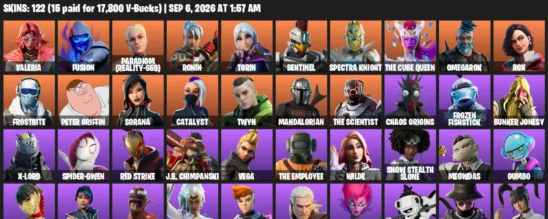 Fortnite account inventory for LVL 1567 - Valeria - Fusion - 122 Outfits