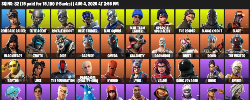 Fortnite account inventory for LVL 1963 - Renegade Raider - Elite Agent - 82 Outfits