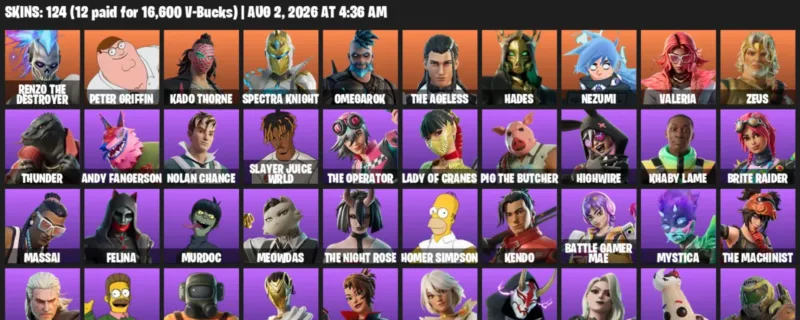 Fortnite account inventory for LVL 1919 - Renzo the Destroyer - Peter Griffin - 124 Outfits