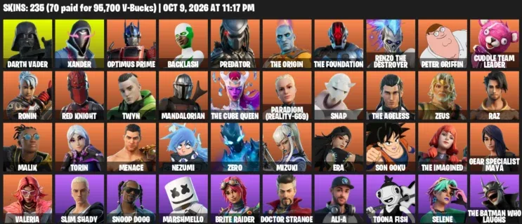 Fortnite account inventory for Darth Vader - Xander - 120 Outfits