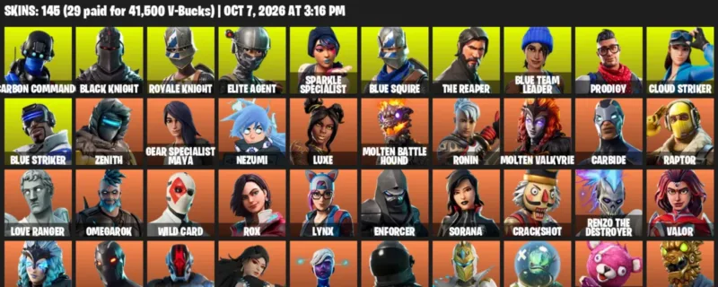 Fortnite account inventory for Carbon Commando - Black Knight - 120 Outfits