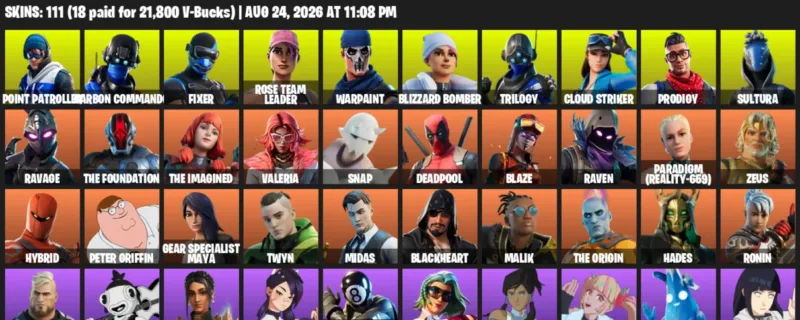 Fortnite account inventory for LVL 1686 - Point Patroller - Carbon Commando - 111 Outfits