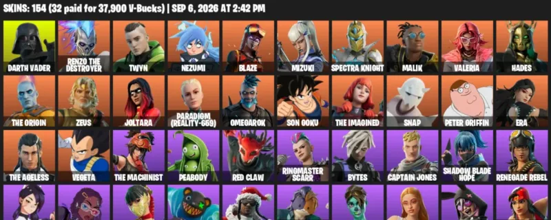 Fortnite account inventory for LVL 2292 - Darth Vader - Renzo the Destroyer - 154 Outfits