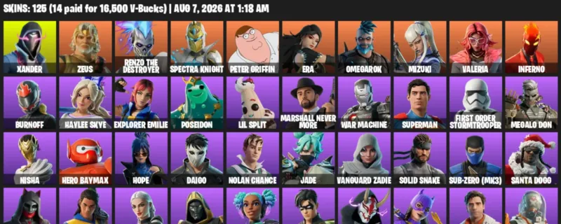 Fortnite account inventory for LVL 1695 - Xander - Zeus - 125 Outfits