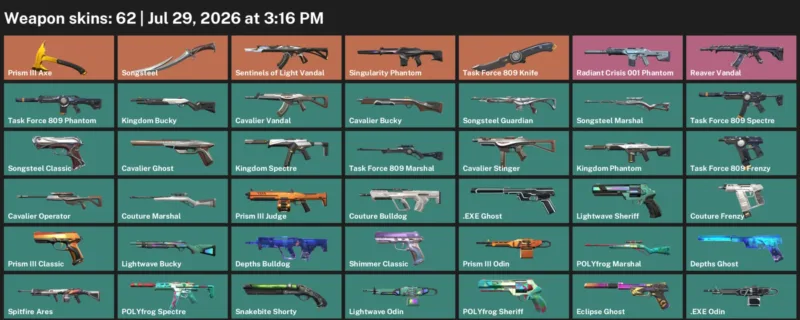 Valorant Accounts listing: LVL 155 · Task Force 809 Knife · 62 Skins - Platinum 3, 62 skins