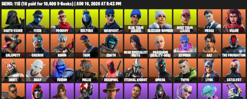 Fortnite account inventory for LVL 1619 - Darth Vader - Fixer - 118 Outfits