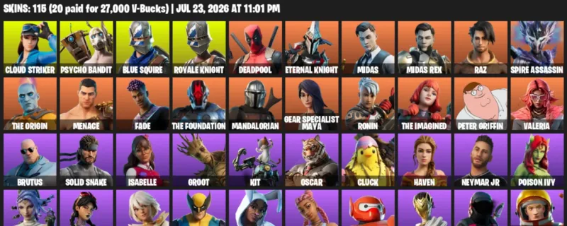Fortnite Accounts listing: LVL 2210 - Cloud Striker - Psycho Bandit - 115 Outfits - 115 outfits