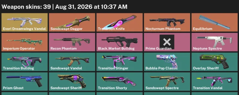 Valorant account inventory for LVL 93 · Sandswept Dagger & Transition Knife & 39 Skins Sandswept Dagger