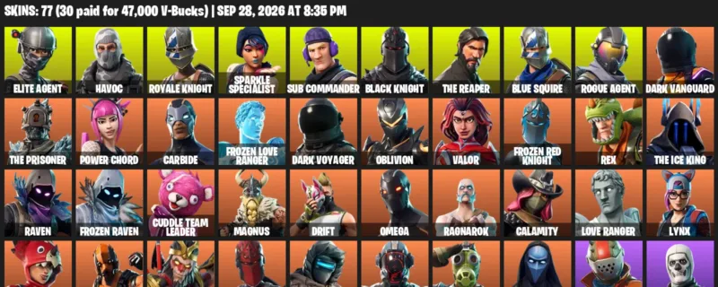 Fortnite account inventory for Elite Agent - Havoc - 77 Outfits