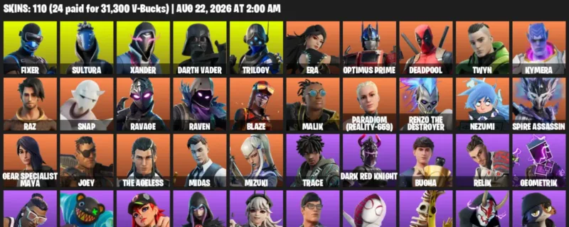 Fortnite account inventory for LVL 2057 - Fixer - Sultura - 110 Outfits