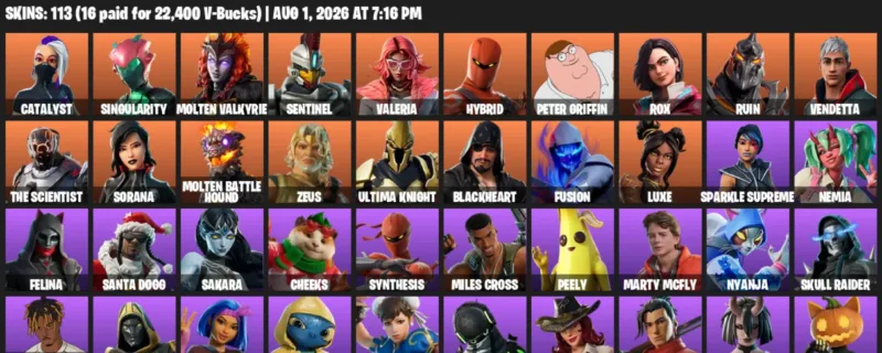 Fortnite account inventory for LVL 1898 - Catalyst - Singularity - 113 Outfits