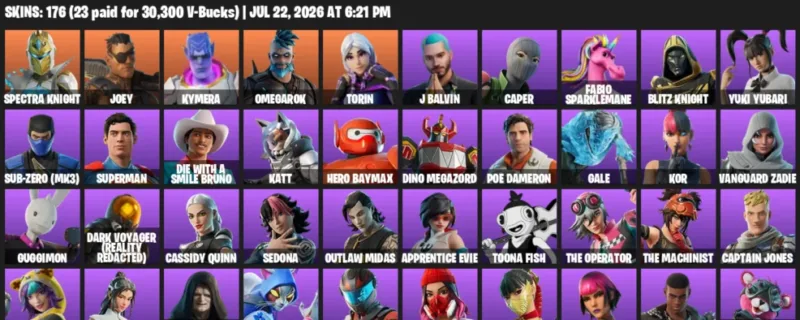 Fortnite Accounts listing: LVL 2184 - Spectra Knight - Joey - 176 Outfits - 176 outfits