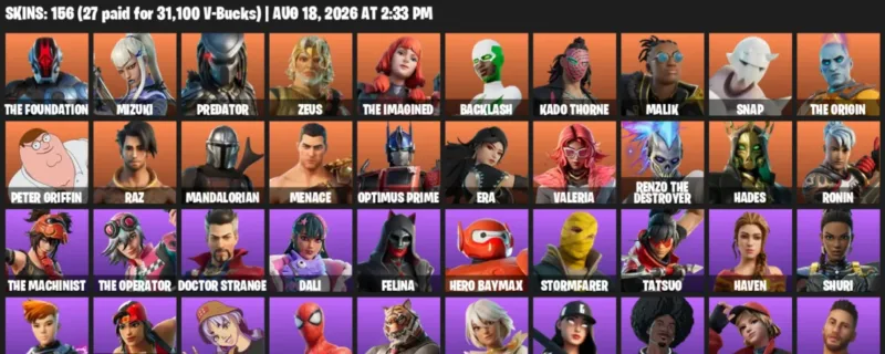 Fortnite account inventory for LVL 2632 - The Foundation - Mizuki - 156 Outfits
