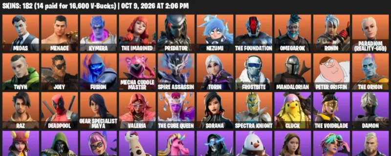 Fortnite account inventory for Midas - Menace - 120 Outfits