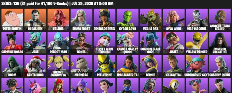 Fortnite Accounts listing: LVL 1084 - Peter Griffin - Midas Rex - 125 Outfits - 125 outfits