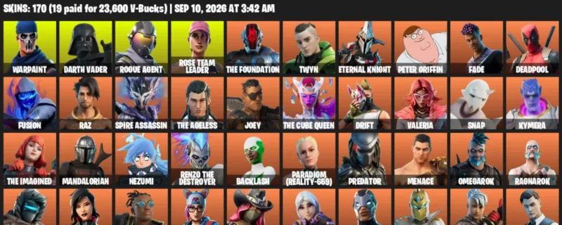 Fortnite account inventory for LVL 2694 - Warpaint - Darth Vader - 170 Outfits
