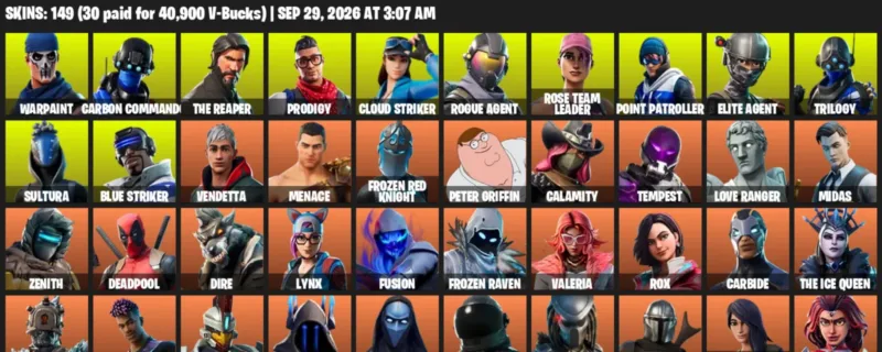 Fortnite account inventory for Warpaint - Carbon Commando - 120 Outfits