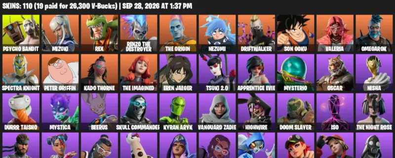 Fortnite account inventory for Psycho Bandit - Mizuki - 110 Outfits
