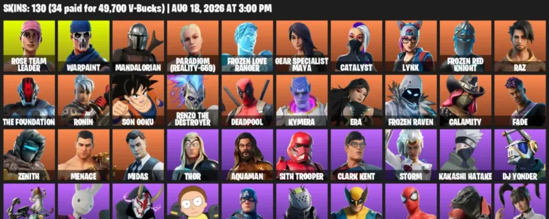 Fortnite account inventory for LVL 1308 - Rose Team Leader - Warpaint - 130 Outfits