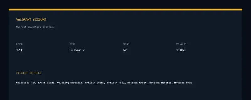 Valorant account inventory for LVL 173 · Velocity Karambit & Tac Blade