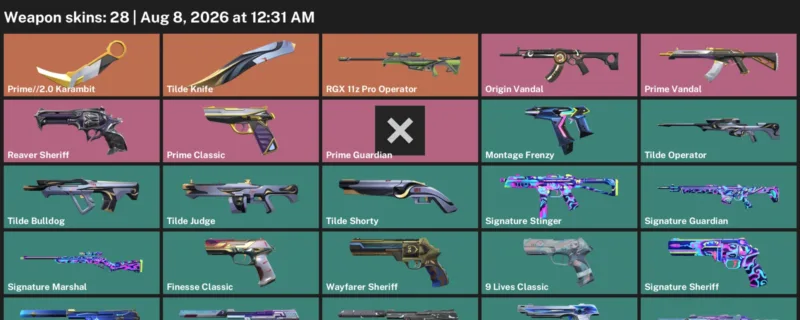 Valorant account inventory for LVL 190 · 2.0 Karambit & Tilde Knife & Origin Vandal