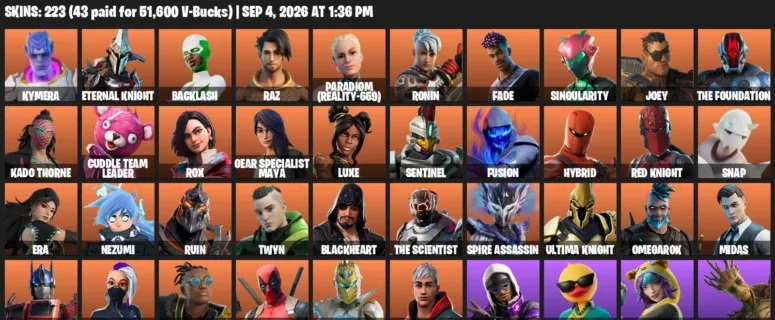 Fortnite account inventory for LVL 2541 - Kymera - Eternal Knight - 223 Outfits