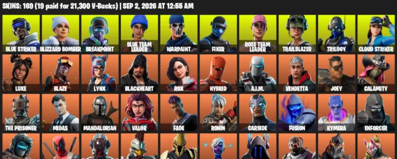 Fortnite account inventory for LVL 2150 - Blue Striker - Blizzard Bomber - 169 Outfits