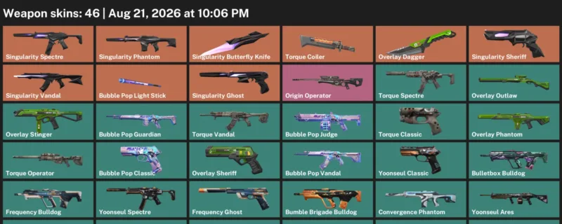 Valorant account inventory for LVL 78 · 46 Skins Overlay Dagger & Singularity Butterfly Knife