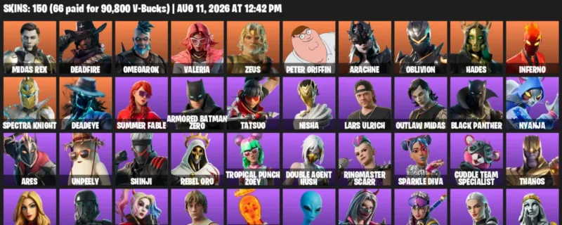 Fortnite account inventory for LVL 585 - Midas Rex - Deadfire - 150 Outfits