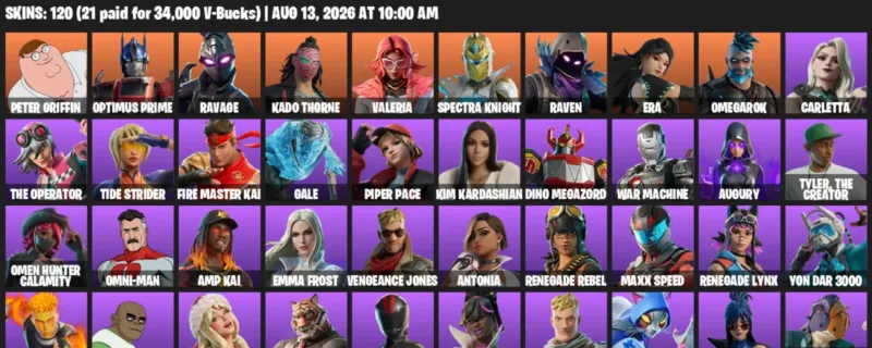 Fortnite account inventory for LVL 804 - Peter Griffin - Optimus Prime - 120 Outfits