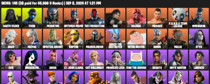 Fortnite account inventory for LVL 2438 - Darth Vader - Fixer - 145 Outfits