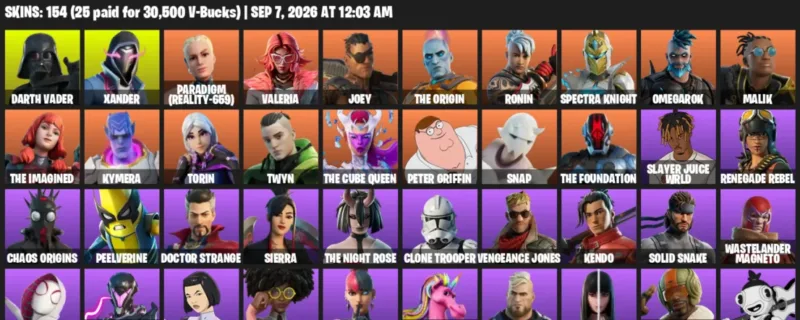 Fortnite account inventory for LVL 2784 - Darth Vader - Xander - 154 Outfits