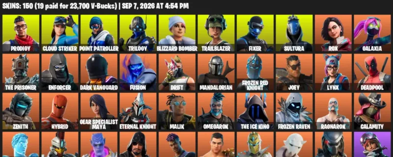 Fortnite account inventory for LVL 1612 - Prodigy - Cloud Striker - 150 Outfits