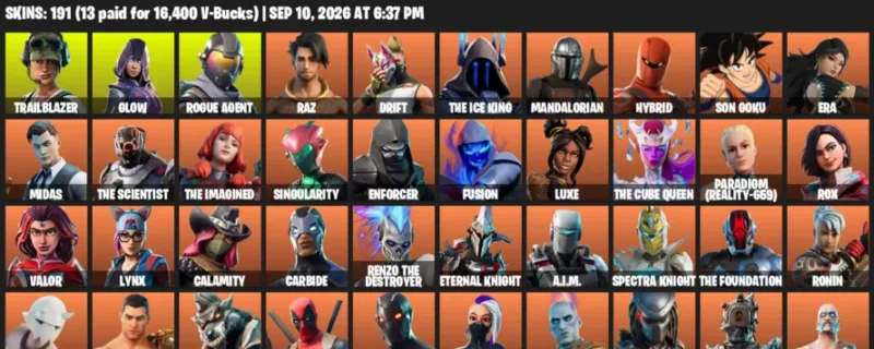 Fortnite account inventory for LVL 2370 - Trailblazer - Glow - 191 Outfits