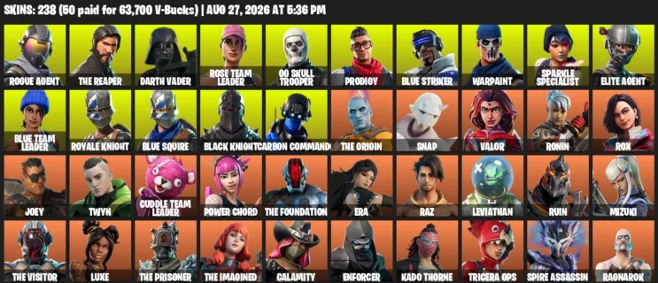 Fortnite account inventory for LVL 2883 - Rogue Agent - The Reaper - 238 Outfits