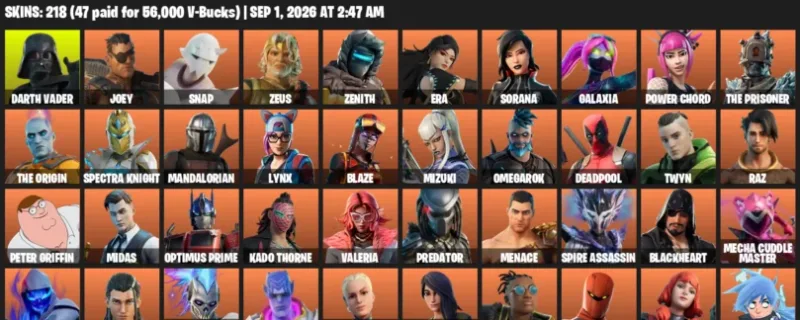 Fortnite account inventory for LVL 3783 - Darth Vader - Joey - 218 Outfits