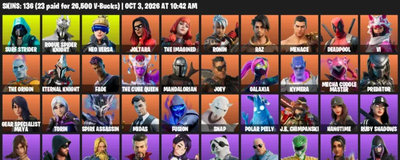 Fortnite account inventory for Surf Strider - Rogue Spider Knight - 120 Outfits
