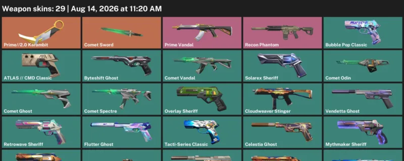 Valorant account inventory for LVL 220 · 2.0 Karambit & Comet Sword & Prime