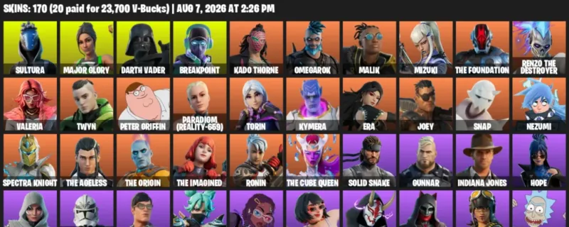 Fortnite account inventory for LVL 3551 - Sultura - Major Glory - 170 Outfits