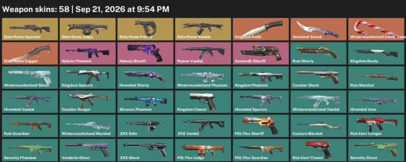 Valorant account inventory for LVL 97 · 58 Skins Elderflame Dagger & Elderflame Dagger & Hivemind Sword
