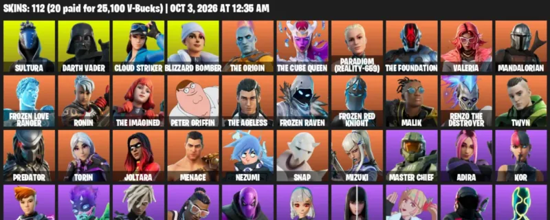 Fortnite account inventory for Sultura - Darth Vader - 112 Outfits