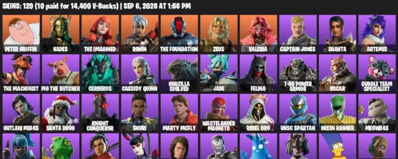Fortnite account inventory for LVL 2337 - Peter Griffin - Hades - 129 Outfits