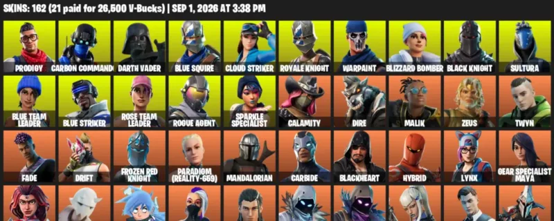 Fortnite account inventory for LVL 2956 - Prodigy - Carbon Commando - 162 Outfits