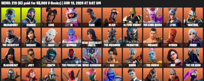 Fortnite account inventory for LVL 2586 - Breakpoint - Xander - 219 Outfits